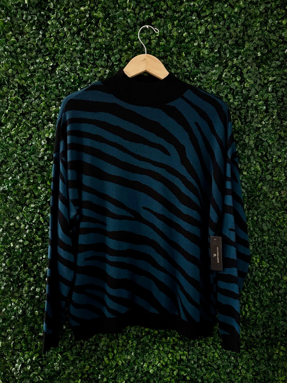 NWT XL Worthington Tiger Zebra Print Mock Neck Sweater Black Teal